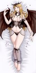 arm_tattoo bed big_breasts blonde_hair blush bracelet breasts brown_eyes brown_wings clothing corset crown dakimakura dakimakura_design female furniture grey_clothing grey_corset grey_panties grey_underwear hair headgear humanoid_pointy_ears jewelry lingerie long_hair looking_at_viewer lying membrane_(anatomy) membranous_wings nails navel on_back on_bed open_mouth open_smile panties petals sharp_nails smile solo tan_body tan_skin tattoo thick_thighs thigh_gap tiara topwear underwear wide_hips wings saisaigarou castlevania konami demon demon_humanoid humanoid succubus winged_humanoid absurd_res hi_res