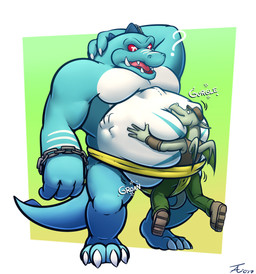 abdominal_bulge anthro asian_clothing belly big_belly blue_body bottomwear clothing duo east_asian_clothing fannypacking green_body huge_belly japanese_clothing loincloth male male_pred mawashi red_eyes rumbling_stomach same_size_vore sharp_teeth size_difference struggling struggling_prey sumo teeth tongue vore tanio donkey_kong_(series) mythology nintendo kludge crocodile crocodilian dragon kremling mythological_creature mythological_scalie reptile scalie hi_res