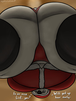 anthro belly big_butt boots butt cellulite clothing costume female footwear imminent_facesitting low-angle_view overweight santa_costume shoes solo thick_thighs worm's-eye_view oystercatcher7 natasha_(oystercatcher7) bear mammal polar_bear ursine absurd_res hi_res