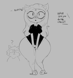 anthro asking asking_another asking_what big_butt blush breasts butt clothing dialogue duo female huge_hips huge_thighs looking_at_viewer name_drop name_in_dialogue question questioning_tone shirt small_breasts standing t-shirt talking_to_another text thick_thighs topwear wide_hips cham22 cartoon_hangover the_summoning claire_(the_summoning) domestic_cat felid feline felis mammal english_text hi_res monochrome sketch