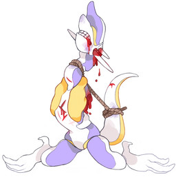 ambiguous_gender bdsm blood bodily_fluids bondage bound gore simple_background solo submissive submissive_ambiguous tail white_background yolk_(artist) unknown_species source_request