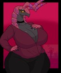 anthro big_breasts bottomwear breasts choker cleavage clothed clothed_female clothing curvy_figure female front_view fully_clothed fully_clothed_female half-closed_eyes horn huge_breasts jewelry long_neck narrowed_eyes necklace non-mammal_breasts pants pokemorph red_body solo voluptuous_anthro voluptuous_female wide_hips yellow_eyes activeajames cartoon_network nintendo pokemon regular_show mordecai_(regular_show) arthropod generation_5_pokemon pokemon_(species) scolipede hi_res