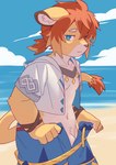 anthro arm_tuft bandaged_wrist beach belt blue_bottomwear blue_clothing blue_eyes blue_shorts bottomwear brown_ears clothed clothing cloud countershading crotch_tuft dipstick_ears ear_markings ears_down elbow_tuft frown hair looking_at_viewer male multicolored_ears navel open_bottomwear open_clothing open_pants orange_body orange_hair pants pink_nose pivoted_ears pulling_down_shorts rope rope_belt sea seaside shirt shorts solo tail tail_tuft topwear tuft water whiskers white_body white_clothing white_countershading white_inner_ear white_shirt white_topwear young young_anthro young_male linger9999 cygames world_flipper teo_(world_flipper) felid lion mammal pantherine absurd_res hi_res