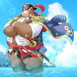 anthro barazoku belly brown_body brown_fur bulge cape clothing crossed_arms eyebrows facial_hair fur hat headgear headwear male melee_weapon navel overweight partially_submerged pirate solo stubble sword thick_eyebrows thigh_strap thong underwear water weapon kinoshita-jiroh lifewonders tokyo_afterschool_summoners ashigara_(tas) bear mammal 1:1 hi_res