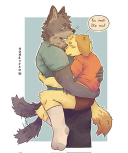 anthro blush bottomwear brown_eyes clothed clothing duo floppy_ears footwear hug male romantic romantic_couple shirt shorts socks t-shirt tail tail_motion tailwag talking_to_another text topwear honeyppaw canid canine canis domestic_dog mammal wolf 2025 english_text hi_res