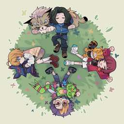 anthro black_body black_fur black_hair blonde_hair brown_body brown_fur chibi female feral fur grass green_body group hair male multicolored_hair orange_body orange_fur plant sleeping smile tongue tongue_out 10ovo05 bandai_namco digimon kyo_sawashiro makoto_kuonji reina_sakuya tomoro_tenma chiropmon cougarmon digimon_(species) gekkomon human mammal pristimon 1:1 hi_res