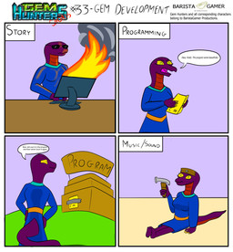 anthro computer computer_keyboard deaf dialogue electronics female fire hammer hands_on_hips keikogi martial_arts_uniform simple_background solo sportswear text tools baristagamerproductions ada_(gem_hunters) reptile scalie snake absurd_res comic english_text hi_res