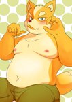 anthro belly blush bottomwear clothing eating food humanoid_hands kemono male moobs navel nipples overweight overweight_male pants sitting solo aretna nintendo star_fox fox_mccloud canid canine fox mammal 2015 hi_res