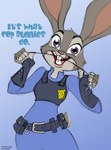 anthro buckteeth clothing dental_floss female flossing fur grey_body grey_fur multicolored_body multicolored_fur police police_badge police_uniform purple_eyes solo teeth text two_tone_body two_tone_fur uniform dutch_(artist) disney zootopia judy_hopps lagomorph leporid mammal rabbit 2016 artist_name english_text signature