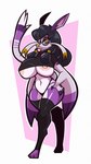 anthro areola big_breasts black_hair blep breasts clothing eyewear female glasses hair hand_on_hip huge_breasts legwear nipples panties solo thick_thighs thigh_highs tongue tongue_out underwear wolito nintendo pokemon generation_5_pokemon mienshao pokemon_(species) absurd_res hi_res