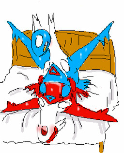 blush bodily_fluids duo eon_duo female legendary_duo male male/female sweat yellow_eyes pasaran nintendo pokemon generation_3_pokemon latias latios legendary_pokemon pokemon_(species) aliasing digital_media_(artwork) low_res oekaki