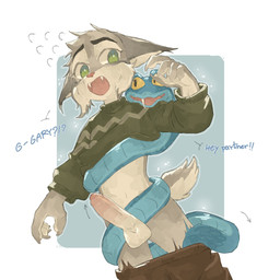 5_fingers anthro anthro_on_feral assisted_exposure balls bestiality black_eyebrows black_eyes blue_body blush body_blush bottomwear brown_bottomwear brown_clothing brown_pants claws clothing dialogue directional_arrow duo emanata erection eyebrows fangs feral finger_claws fingers foreskin fur genitals green_clothing green_eyes green_sweater green_topwear grey_body humanoid_genitalia humanoid_penis kemono looking_at_another male male/male male_anthro multicolored_body multicolored_fur navel open_mouth pants pantsing pattern_clothing pattern_sweater pattern_topwear penis penis_blush questionable_consent simple_background standing striped_clothing striped_sweater striped_topwear stripes sweater teeth text topwear two_tone_body two_tone_fur white_background white_balls white_body white_fur white_penis yellow_sclera young young_anthro young_male regcron disney zootopia gary_de'snake pawbert_lynxley canada_lynx felid feline lynx mammal pit_viper reptile scalie snake viper 1:1 2025 english_text hi_res