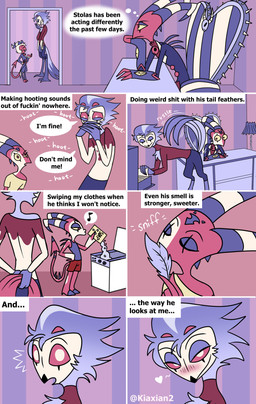 4_eyes 4_fingers anthro appliance back_spines beak bedroom_eyes bent_over black_beak blush bottomwear bow_tie canon_couple chair chest_tuft cleavage_cutout clothing coat covering covering_mouth covering_own_mouth covering_self cutout desk detergent dialogue door duo_focus eyebrows eyes_closed feather_hair feather_tuft feathers feet filing_cabinet fingerless_gloves fingers forehead_mark frown furniture furniture_lamp gloves glowing_pupils grey_body grey_feathers group half-closed_eyes hand_on_hip hands_behind_back handwear heart_(marking) heart_symbol holding_clothing holding_object holding_shirt holding_topwear hoot_(sound_effect) hooves horn inside keyhole_turtleneck lamp laundry_machine leaning leaning_forward loose_feather male markings mouth_closed multi_eye multicolored_body musical_note musical_symbol narrowed_eyes office office_chair on_chair onomatopoeia open_mouth open_smile pants paper profanity pseudo_hair raised_tail red_body red_eyes red_sclera seductive shirt shorts sitting sitting_on_chair smile sniffing soap sound_effects spade_tail speech_bubble spiked_tail spikes spikes_(anatomy) spines striped_horn striped_markings striped_tail stripes sweater symbol table tail tail_feathers tail_markings talon_hands talons tank_top text thought_bubble toes topwear trio tuft turtleneck wallpaper_(decoration) washing_machine whistling yellow_sclera kiaxian2 hellaverse helluva_boss blitzo_(helluva_boss) moxxie_(helluva_boss) stolas_(helluva_boss) avian bird demon demon_humanoid horned_humanoid humanoid imp owl owl_demon absurd_res artist_name comic english_text hi_res watermark