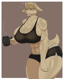 abs anthro arm_tuft big_breasts black_nose bodily_fluids bottomwear bra breasts bubble cheek_tuft chest_tuft clothing container cup dolphin_shorts ears_down elbow_tuft eyelashes facial_tuft female fluffy_ears fur glistening glistening_abs glistening_breasts hair half-closed_eyes holding_container holding_cup holding_mug holding_object horn huge_breasts mug muscular muscular_anthro muscular_female narrowed_eyes pivoted_ears short_hair shorts simple_background small_horn snot snot_bubble solo sports_bra steam tail tan_body tan_fur tan_hair thick_thighs tired tired_eyes tuft underwear yellow_eyes 9live hanna_(wendigoinabox) alpine_goat bovid caprine domestic_goat goat mammal hi_res