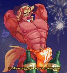 abs anthro armpit_hair big_nipples blonde_hair body_hair bulge champagne_bottle clothed clothing cowboy_hat fireworks fur hair hat headgear headwear jockstrap jockstrap_only male markings muscular muscular_anthro muscular_male night nipples orange_body orange_clothing orange_fur orange_jockstrap orange_underwear side_bulge sky solo sparkles sparkling_clothing sparkling_jockstrap spots spotted_body spotted_fur star starry_sky topless underwear underwear_only imgloka chinese_zodiac new_year_2026 year_of_the_horse equid equine mammal absurd_res hi_res huge_filesize