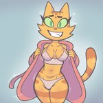 anthro awkward_smile big_breasts big_eyes big_mouth_(anatomy) biped black_eyebrows blue_background bottomwear bra breasts cheek_tuft clothed clothed_anthro clothed_female clothing collarbone eyebrows eyelashes facial_markings facial_tuft fangs female fingers flashing flashing_underwear front_view fur green_eyes green_sclera head_markings humanoid_hands iris legs_together light_body light_fur long_eyelashes looking_at_viewer markings mature_anthro mature_female monotone_breasts motion_lines motion_outline navel no_pupils open_clothing open_robe orange_body orange_breasts orange_ears orange_fur orange_stripes orange_tail panties pink_clothing pink_nose pink_robe pointy_ears presenting prick_ears robe simple_background smile smiling_at_viewer solo standing striped_arms striped_body striped_face striped_fur striped_legs striped_markings striped_tail stripes tail tail_markings teeth thick_thighs tuft underwear undressing white_bra white_clothing white_panties white_underwear wide_hipped_anthro wide_hipped_female wide_hips joalmidon litterbox_comics fran_(litterbox_comics) domestic_cat felid feline felis mammal tabby_cat 2025 digital_drawing_(artwork) digital_media_(artwork) hi_res portrait three-quarter_portrait