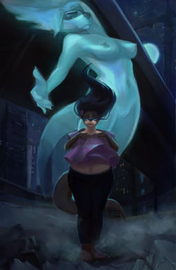 5_fingers areola barefoot black_hair breasts city claws duo eyebrows eyes_closed eyewear feet female fingers flower fog genitals glasses hair landscape light magic moonlight navel night nipples open_mouth outside overweight overweight_female plant spell toe_claws vulva maruskha mammal mustelid otter spirit 2019 absurd_res hi_res