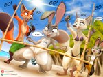 accident accidental_exposure anthro bikini breasts canid canine canis clothed clothing colored_edge_bikini disney female flat_chested fox genitals group hi_res jack_savage judy_hopps lagomorph leporid limbo link6432 male mammal nick_wilde nipples nude pussy rabbit red_fox seaside skye_(zootopia) swimming_trunks swimwear text thick_thighs topless true_fox under_boob wardrobe_malfunction zootopia