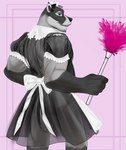 anthro black_eyes butt cleaning_tool clothed clothing crossdressing feather_duster grey_body jewelry maid_uniform male muscular muscular_male pink_background rear_view simple_background solo translucent translucent_clothing uniform cupcake2007 echo_(series) echo_project the_smoke_room nikolai_krol badger european_badger mammal meles mustelid musteline hi_res