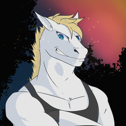 anthro clothing crossed_arms hair male shirt smile solo sunset tank_top topwear dzfire equid equine horse mammal 1:1 hi_res