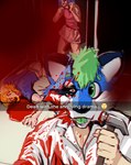 anthro blood bodily_fluids canid canine canis domestic_dog fanteliscio female fursuit_head gore group hammer hi_res human killing male mammal selfie snapchat snuff tools trio wolf