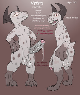 anthro backsack balls big_hands big_penis bodily_fluids buckteeth digitigrade dripping foreskin genital_fluids genitals horn male penis precum precum_drip presenting presenting_penis profanity simple_background small_waist solo standing teeth text wide_hips niannn vetra_(niannn) kobold scalie english_text hi_res model_sheet