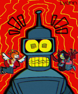 breasts female group hair machine male membrane_(anatomy) membranous_wings open_mouth orange_hair red_background simple_background text trio wings lyannmomoiro comedy_central futurama bender_bending_rodríguez fan_character philip_j._fry angel angel_humanoid human humanoid mammal robot artist_name hi_res