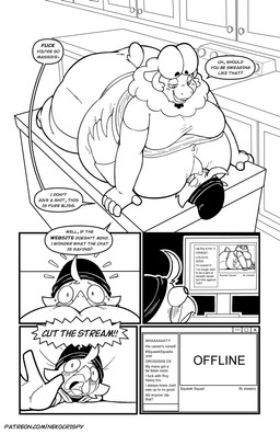 5_fingers 5_panel_comic anthro appliance bar_emanata beak beanie belly big_belly blush blush_lines bodily_fluids borderless_panel bottomwear bulging_eyes butt chat_window closed_frown clothed clothing dialogue duo emanata embarrassed exhibitionism eyebrow_through_hair eyebrows facial_hair feathers fingers flash_bubble frown fur goatee hair hat headgear headwear huge_belly huge_thighs inside interspecies kitchen_appliance livestream lying male male/male moobs morbidly_obese morbidly_obese_anthro morbidly_obese_male mouth_closed obese obese_anthro obese_male on_back on_front open_mouth open_smile oven overweight overweight_anthro overweight_male profanity pupils recording shirt shorts slim_anthro slim_male smile snout sweat sweatdrop talking_to_another teeth text thick_thighs topwear translucent translucent_hair window_(computing) wool_(fur) wool_hair nekocrispy josh_(nekocrispy) roy_(nekocrispy) avian bird bovid caprine mammal sheep 2021 black_and_white comic digital_media_(artwork) english_text hi_res monochrome url