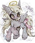 accessory arm_ribbon blonde_hair cutie_mark derp_eyes feathered_wings feathers female feral fur furgonomics gem grey_body grey_fur hair halo head_wings hooves jewelry long_hair necklace pearl_(gem) pearl_necklace pink_bow ribbons simple_background smile solo tail tail_accessory tail_ribbon unusual_wing_placement white_background wings yellow_eyes yellow_tail p0nyplanet friendship_is_magic hasbro my_little_pony mythology derpy_hooves_(mlp) angel equid equine mammal mythological_creature mythological_equine pegasus digital_media_(artwork) digital_painting_(artwork) hi_res painting_(artwork) watermark