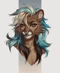 anthro blue_hair blue_nose brown_body brown_eyes brown_fur cheek_tuft facial_tuft female front_view fur glistening glistening_eyes hair inner_ear_fluff multicolored_hair simple_background solo tuft two_tone_hair white_hair white_inner_ear_fluff marie_merkh felid mammal absurd_res bust_portrait hi_res portrait