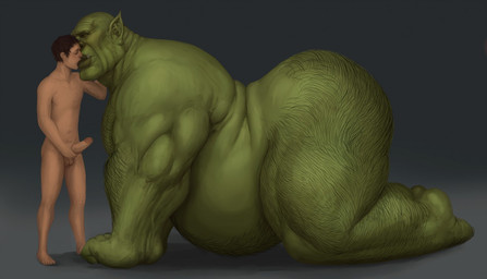 all_fours balls belly big_butt body_hair butt duo erection genitals green_body green_skin hairy kissing larger_humanoid leg_hair male male/male muscular nude obese obese_humanoid obese_male overweight overweight_humanoid overweight_male penis size_difference smaller_human dagapuff human humanoid mammal orc