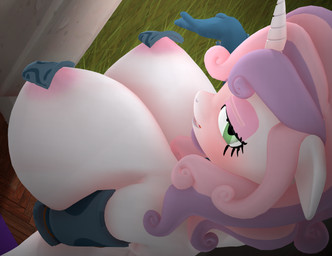 animal_ears anthro anthrofied areola armwear big_breasts breasts clothed clothing eyelashes female green_eyes hair horn huge_breasts multicolored_hair pink_hair pupils purple_hair smile solo white_body purplefondue friendship_is_magic hasbro my_little_pony mythology sweetie_belle_(mlp) equid equine mammal mythological_creature mythological_equine unicorn 3d_(artwork) digital_media_(artwork) hi_res