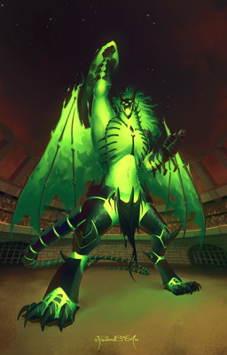 anthro arena bone bottomwear claws clothing colosseum digitigrade green_body hair loincloth low-angle_view raised_arm size_difference skeleton sky standing tail wings poweredbygif mythology dragon mythological_creature mythological_scalie scalie absurd_res hi_res