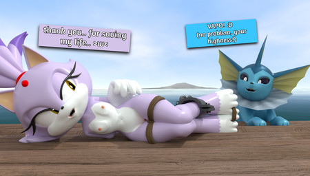 ambiguous_gender anthro arms_tied bound breasts dialogue duo feet female feral genitals hands_behind_back happy_ending legs_tied lying nipples nude on_side raft sea small_breasts text toe_restraints toes toes_tied vulva water heartbrkrskully milambre71_(modeler) rosecreates_(modeler) nintendo pokemon sega sonic_the_hedgehog_(series) blaze_the_cat eeveelution felid feline generation_1_pokemon mammal pokemon_(species) vaporeon 3d_(artwork) crossover digital_media_(artwork) english_text hi_res
