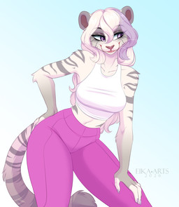 anthro biped bottomwear breasts claws clothed clothed_anthro clothed_female clothing female fingers front_view fully_clothed fully_clothed_anthro fully_clothed_female fur hair navel simple_background smile solo standing stripes tail topwear ei-ka felid mammal pantherine tiger 2026 absurd_res digital_drawing_(artwork) digital_media_(artwork) hi_res