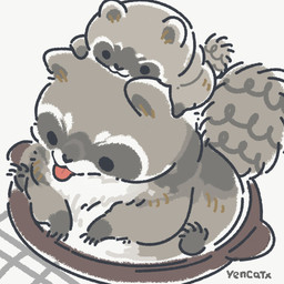 biped black_eyes black_nose chibi dot_eyes duo feral grey_body overweight simple_eyes sitting tongue tongue_out white_body yencatx mammal procyonid raccoon 1:1 2022