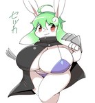 :3 ahoge anthro big_breasts bikini black_cape black_clothing blue_bikini blue_clothing blue_swimwear blush breasts cape claws clothing dot_nose ears_up female fur green_hair hair huge_breasts long_hair looking_at_viewer metal_claws on_bottom on_top smile solo standing swimwear thick_thighs two-piece_swimsuit white_body white_fur white_hair wide_hips obikuragetyan lagomorph leporid mammal rabbit hi_res