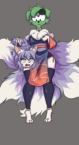 ambiguous_gender anthro black_clothing black_legwear bottomwear breasts cleavage clothed clothing detachable detachable_head duo female fully_clothed fur green_body green_hair grey_background hair head_swap holding_head holding_own_head kemono legwear loincloth modular multi_tail simple_background tail white_body white_fur iwantcheeseburger european_mythology irish_mythology mythology canid canine canis domestic_dog dullahan fox mammal 2026 hi_res