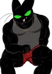 anthro biceps black_body black_fur blush bodily_fluids body_hair bottomwear bulge chain_necklace clothing fur green_eyes jewelry male muscular muscular_male necklace pecs sharp_teeth shirt shorts smile solo sweat tank_top teeth tongue tongue_out topwear vein veiny_muscles whiskers oyasmis cartoon_network mao_mao:_heroes_of_pure_heart sheriff_mao_mao_mao domestic_cat felid feline felis mammal hi_res