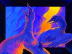 ambiguous_gender beak blue_background feral fur multicolored_body multicolored_fur simple_background solo spread_wings wings batbrainzzz anatid anseriform anserinae avian bird goose 2022 4:3 digital_media_(artwork) digital_painting_(artwork) hi_res neon_colors