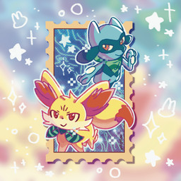 ambiguous_gender anthro biped blue_body blue_fur blurred_background border clothing dipstick_tail drop_shadow duo emanata feral fur harmony_scarf head_tuft markings multicolored_body multicolored_fur multicolored_tail postage_stamp quadruped red_body red_eyes red_fur scarf stamp star_eyes tail tail_markings tuft white_border yellow_body yellow_fur yellojellow nintendo pokemon pokemon_mystery_dungeon spike_chunsoft tree_of_life_(psmd) fennekin generation_4_pokemon generation_6_pokemon mammal pokemon_(species) riolu 1:1 digital_media_(artwork) halftone hi_res signature