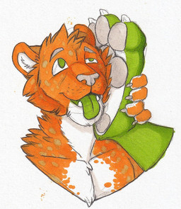 ambiguous_gender anthro cheek_tuft claws duo facial_tuft fangs feet foot_fetish foot_on_face front_view fur green_body head_tuft male male_anthro narrowed_eyes neck_tuft open_mouth orange_body orange_fur simple_background solo_focus teeth toe_claws tongue tongue_out tuft white_background white_body white_claws white_fur hufnaar felid mammal colored_sketch hi_res sketch