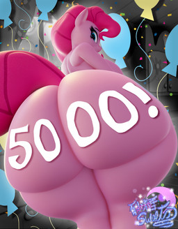 anthro anthrofied balloon big_breasts big_butt blue_eyes bottom_heavy breasts butt butt_focus confetti dutch_angle eyelashes female glistening glistening_body greyscale_background hair huge_butt huge_thighs hyper hyper_butt inflatable inside looking_at_viewer looking_back looking_back_at_viewer medium_hair party pink_body pink_hair pink_tail smile smiling_at_viewer solo tail tail_aside thick_thighs geodat friendship_is_magic hasbro my_little_pony pinkie_pie_(mlp) earth_pony equid equine horse mammal pony 2025 3d_(artwork) absurd_res digital_media_(artwork) hi_res watermark