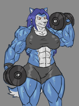 abs anthro biceps big_breasts big_muscles bodily_fluids breasts clothing dumbbell exercise female hair long_hair muscular muscular_anthro muscular_female muscular_thighs nipple_outline pecs pecs_with_breasts solo sweat vein veiny_arms veiny_muscles weightlifting weights workout rawslaw5 hopey canid canine canis mammal wolf