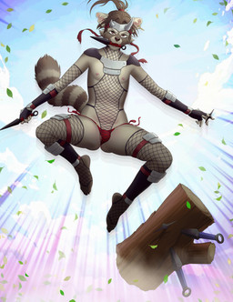 5_fingers 5_toes anthro armor armwear balls brown_body brown_eyes brown_fur brown_hair brown_markings bulge clothed clothing cloud day facial_markings feet femboy fingers fishnet_armwear fishnet_clothing fishnet_legwear fishnet_topwear fur genitals grey_body grey_fur hair head_markings holding_object holding_weapon ineffective_clothing inner_ear_fluff jumping kunai leaf legwear log male markings ninja nipples object_in_mouth outside plantigrade ponytail ranged_weapon ring_(marking) ringed_tail shuriken skimpy sky smile smirk solo spread_legs spreading striped_markings striped_tail stripes tail tail_markings teeth thong toes topwear tuft unconvincing_armor underwear warrior weapon wood ark_warrior mammal procyonid raccoon absurd_res digital_media_(artwork) hi_res shaded