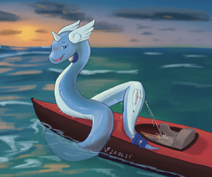 anus biped blue_body blush boat bodily_fluids female female_feral female_peeing feral forehead_horn genital_fluids genitals outside peeing sea solo urine vehicle vulva water watercraft watersports white_body valrionwrites nintendo pokemon dragonair generation_1_pokemon pokemon_(species) 2025 digital_media_(artwork) hi_res
