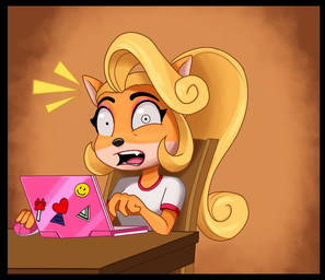 anthro blonde_hair chair clothing computer confusion electronics female furniture hair laptop long_hair open_mouth simple_background solo table teeth y2k_(fashion) magaska19 activision crash_bandicoot_(series) coco_bandicoot bandicoot mammal marsupial 2020