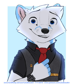5_fingers accessory anthro blue_body blue_eyes blue_fur clock clothing eyebrows fingers fur male necktie red_necktie smile solo text topwear vest watch white_body white_fur letodoesart leto_(letodoesart) arctic_fox canid canine fox mammal true_fox 2018 dated digital_drawing_(artwork) digital_media_(artwork) url