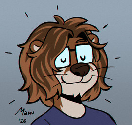 anthro black_text blue_clothing blue_shirt blue_t-shirt blue_topwear brown_body brown_fur brown_hair clothing eyes_closed eyewear fur glasses grey_background hair highlights_(coloring) male shirt simple_background solo t-shirt tan_body tan_fur text topwear whiskers fudatsu manu_(fudatsu) mammal mustelid otter 2026