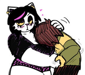 anthro big_breasts blush breasts duo face_in_breasts female huge_thighs male male/female thick_thighs unknown_artist deltarune undertale_(series) catti_cattenheimer kris_dreemurr human mammal